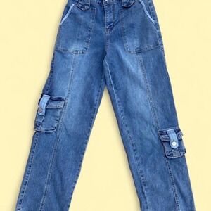 Almost Famous Women Blue Cargo Jeans Straight Leg High Rise Utility Size 1